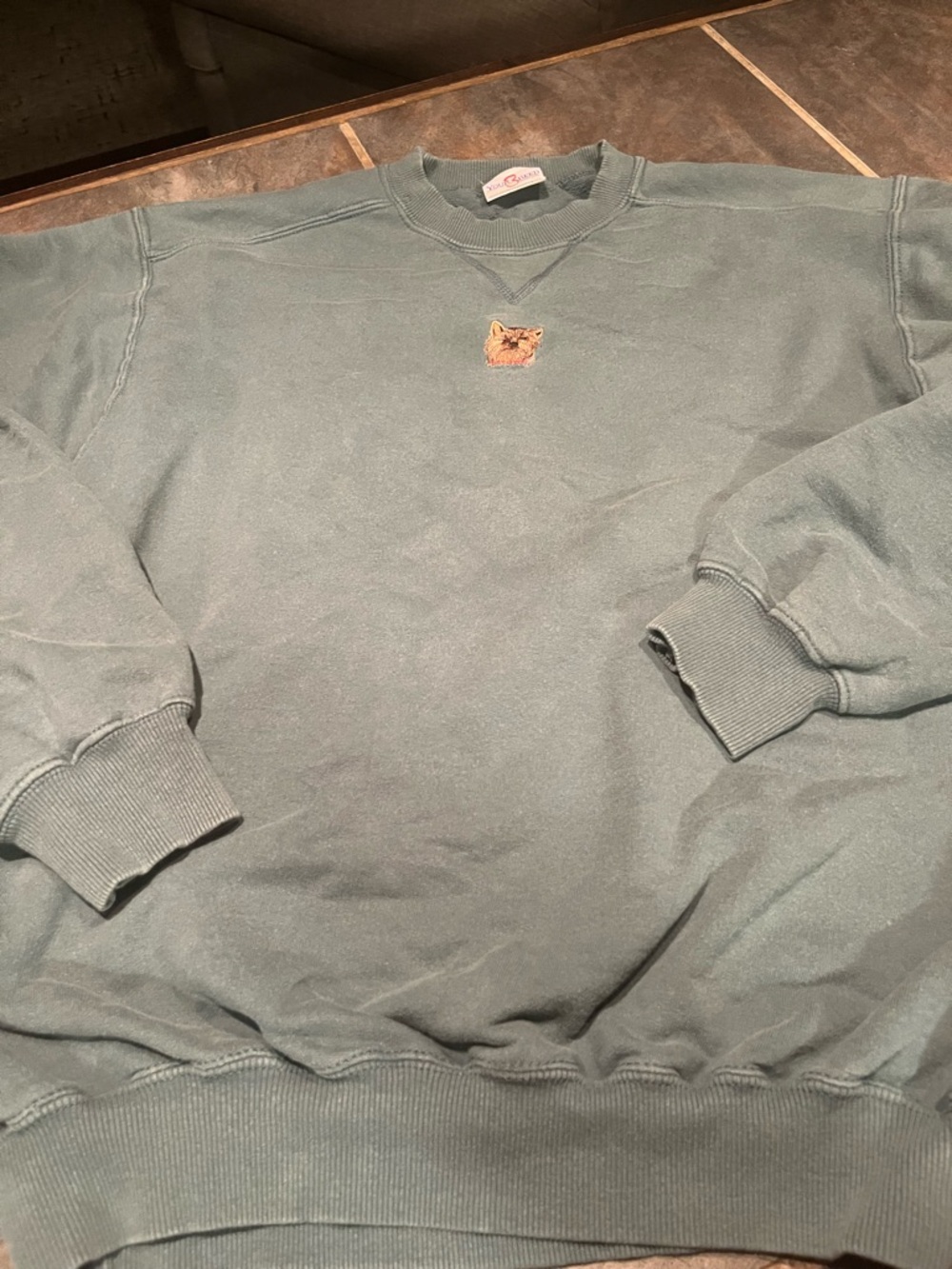 Sage Green Crewneck Sweatshirt with Yorkie Patch - Women L